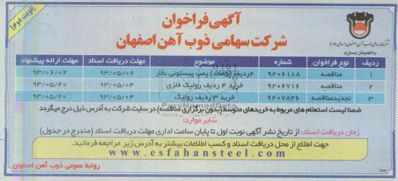 آگهی فراخوان  , فراخوان 2 ردیف (5 عدد) پمپ پیستونی بخار