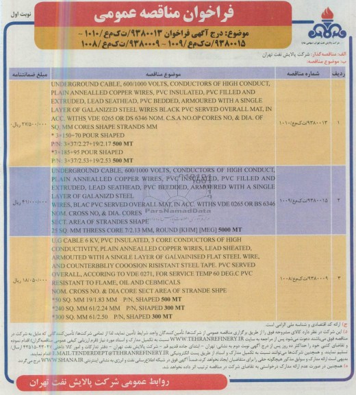 فراخوان مناقصه عمومی, مناقصه UNDERGROUND CABLE