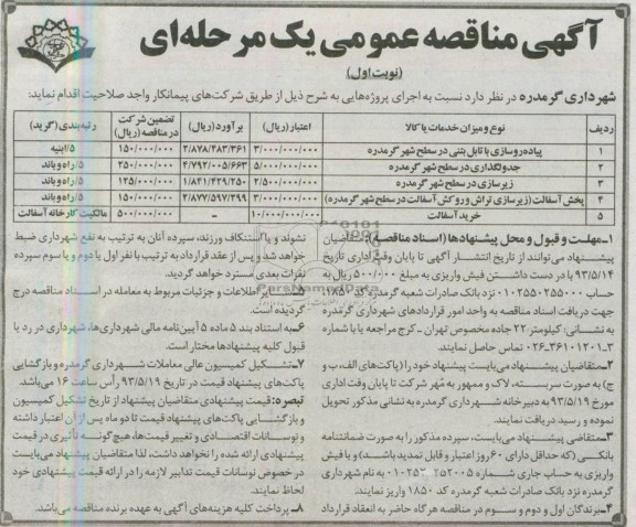 آگهی مناقصه عمومی یک مرحله ای, مناقصه پیاده روسازی با تابل بتنی و ...