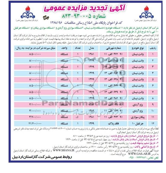 آگهی تجدید مزایده عمومی , مزایده فروش 11 دستگاه خودرو  و یک دستگاه جرثقیل