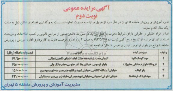 اگهی مزایده عمومی,مزایده واگذاری فضاها و اماکن 