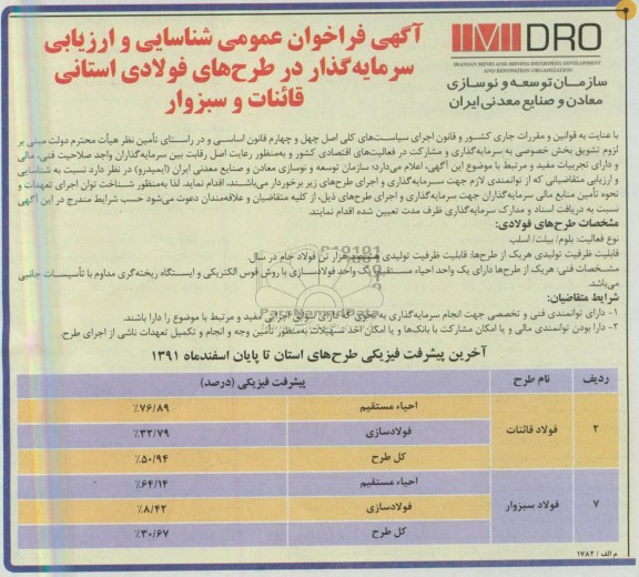 آگهی فراخوان عمومی شناسایی و ارزیابی , مناقصه سرمایه گذار در طرح های فولادی