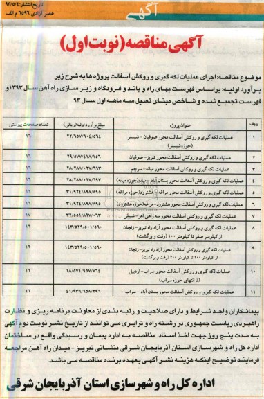 آگهی مناقصه, مناقصه اجرای عملیات لکه گیری و روکش آسفالت 