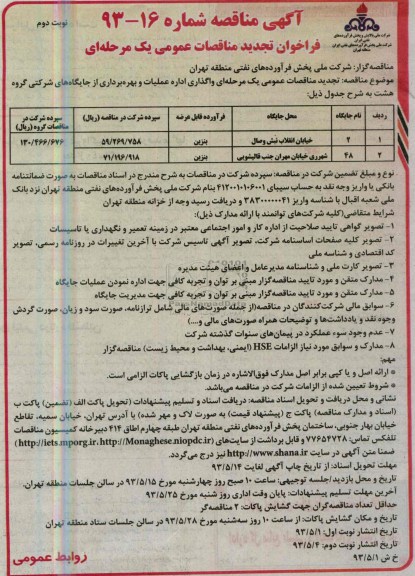 فراخوان تجدید مناقصات عمومی یک مرحله ای,مناقصه واگذاری اداره عملیات و بهر برداری از جایگاه های شرکتی و ... 