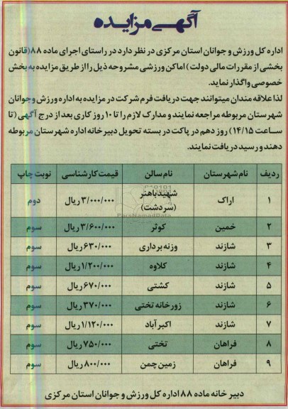 آگهی مزایده,مزایده اماکن ورزشی