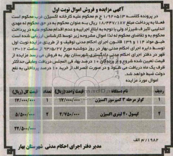 اگهی مزایده و فروش اموال منقول,فروش کولر و کپسول