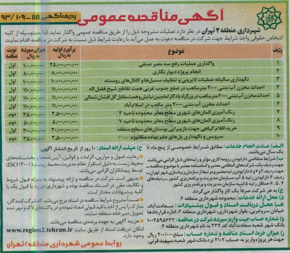 آگهی مناقصه عمومی, مناقصه واگذاری عملیات رفع سد معبر صنفی