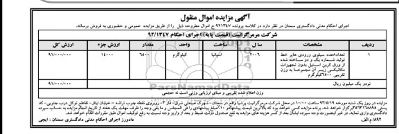 اگهی مزایده اموال منقول,مزایده فروش 8 عدد سیلوی ورودی هاپر 