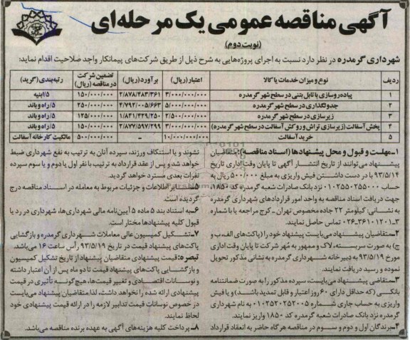 آگهی مناقصه عمومی یک مرحله ای, مناقصه پیاده روسازی با تابل بتنی و ...