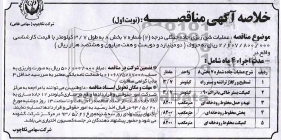 خلاصه آگهی مناقصه, مناقصه عملیات شن ریزی جاده جنگلی 