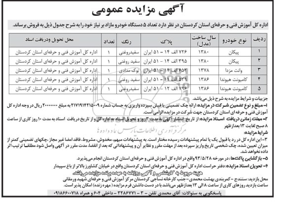 آگهی مزایده عمومی , مزایده فروش تعداد 5 دستگاه خودرو مازاد
