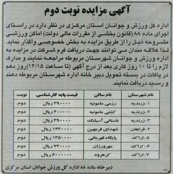 مزایده , مزایده واگذاری اماکن ورزشی