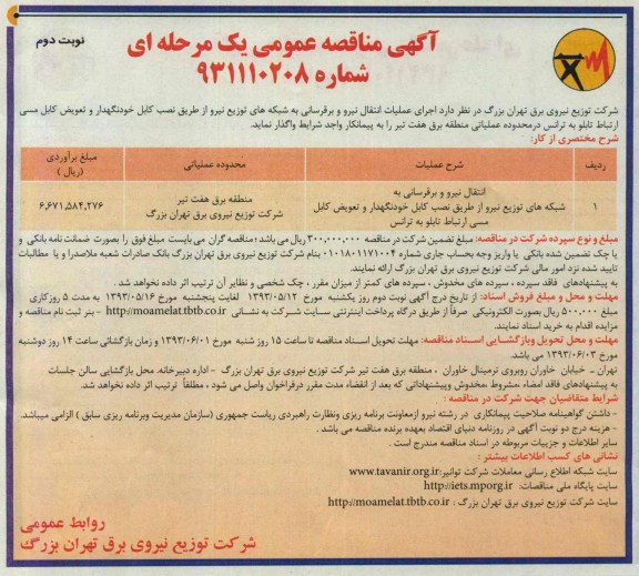 مناقصه عمومی یک مرحله ای , مناقصه اجرای عملیات انتقال نیرو و برقرسانی به شبکه های توزیع نیرو