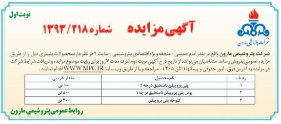 مزایده , مزایده فروش محصولات پلیمری