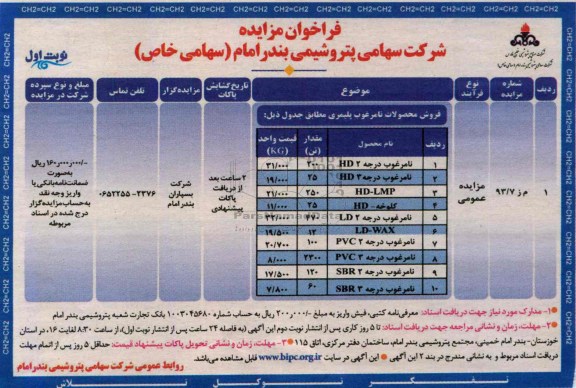 فراخوان مزایده,مزایده فروش محصولات نامرغوب پلیمری 