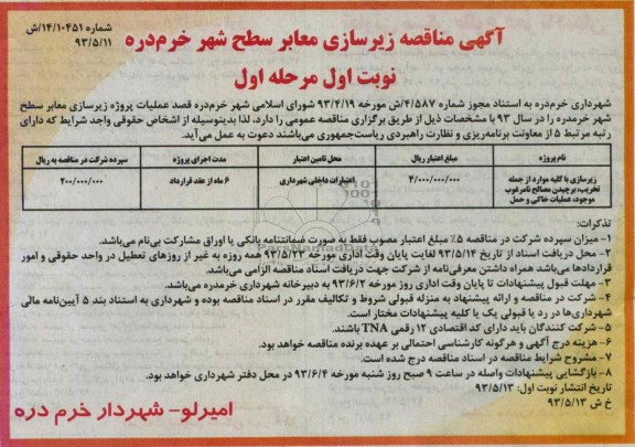 آگهی مناقصه, مناقصه زیرسازی معابر سطح شهر 