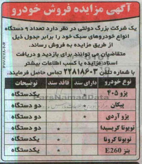 مزایده فروش خودرو , مزایده فروش خودروهای سبک 