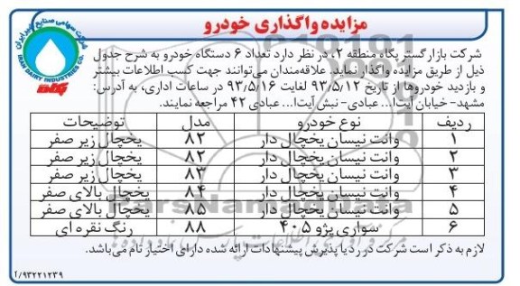 اگهی مزایده,مزایده واگذاری خودرو