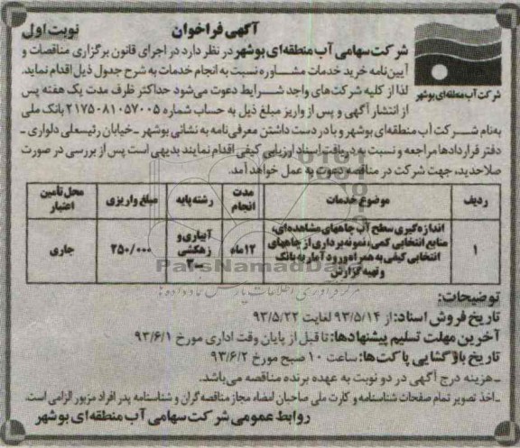 آگهی فراخوان , مناقصه اندازه گیری سطح آب چاههای مشاهده ای 