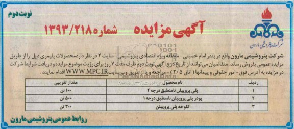 مزایده , مزایده فروش محصولات پلیمری
