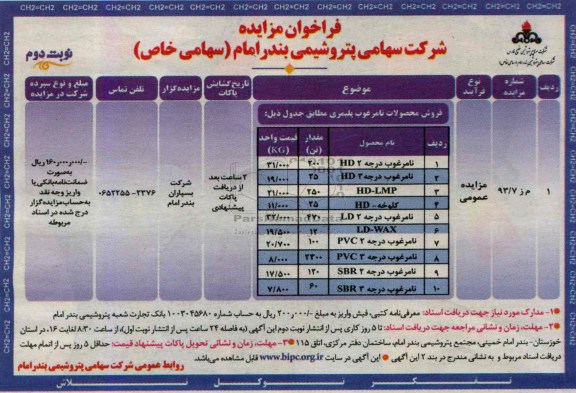 فراخوان مزایده,مزایده فروش محصولات نامرغوب پلیمری 