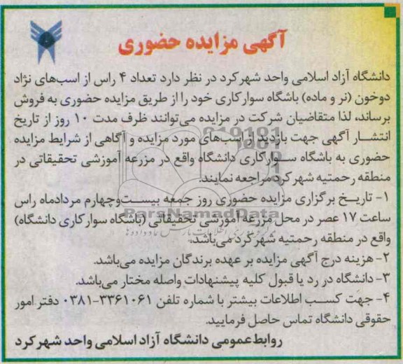 مزایده حضوری , مزایده حضوری , فروش تعداد 4 راس از ساب های نژاد دو خون