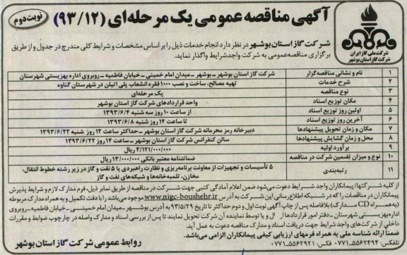 آگهی مناقصه عمومی یک مرحله ای,مناقصه تهیه مصالح ، ساخت و نصب 1000 فقره انشعاب پلی اتیلن 