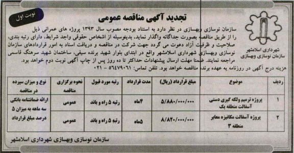 تجدید آگهی مناقصه عمومی , مناقصه پروژه ترمیم و لکه گیری دستی و ...