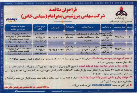 فراخوان مناقصه, مناقصه اجرای عملیات لاستیک کاری مخازن، دستگاه ها، قطعات و تجهیزات 