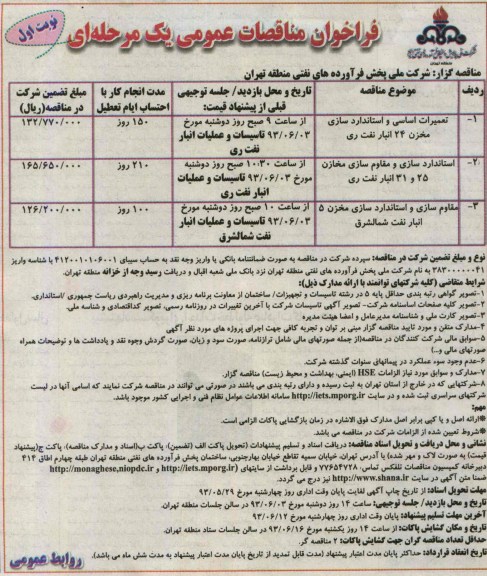 فراخوان مناقصات عمومی یک مرحله ای, مناقصه تعمیرات اساسی و استانداردسازی مخزن 