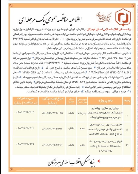 اطلاعیه مناقصه عمومی یک مرحله ای, مناقصه اجرای زیرسازی، پیاده روسازی و ...