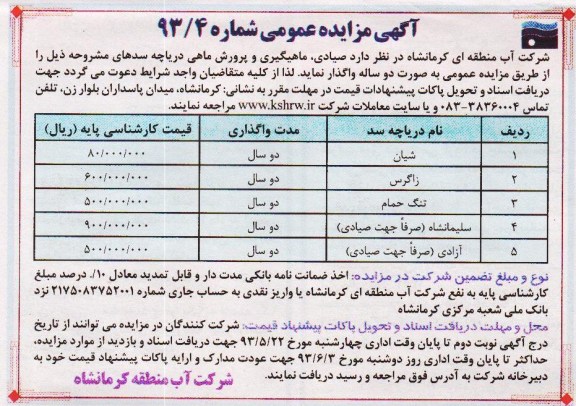 مزایده عمومی , مزایده عمومی واگذاری صیادی ، ماهیگیری و پرورش ماهی دریاچه سدها