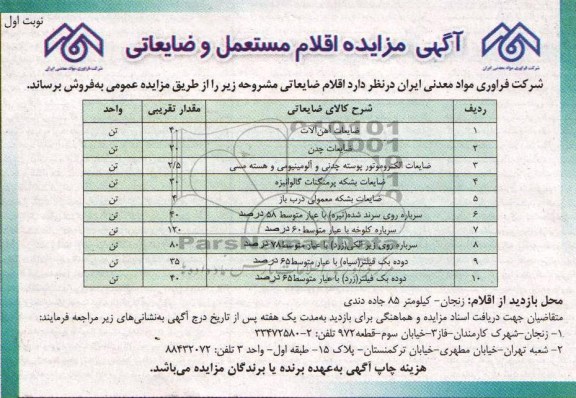 اگهی مزایده,مزایده اقلام مستعمل و ضایعاتی