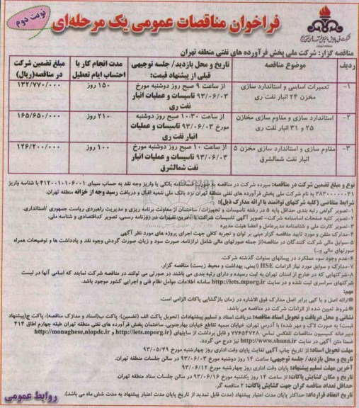 فراخوان مناقصات عمومی یک مرحله ای, مناقصه تعمیرات اساسی و استانداردسازی مخزن 