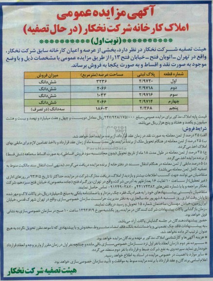 آگهی مزایده عمومی, مزایده بخشی از عرصه و اعیان کارخانه