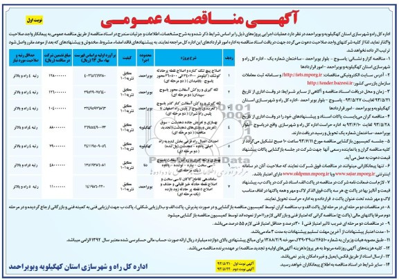 آگهی مناقصه عمومی, مناقصه اصلاح پیچ تنگ کناره و اصلاح نقطه پر حادثه 