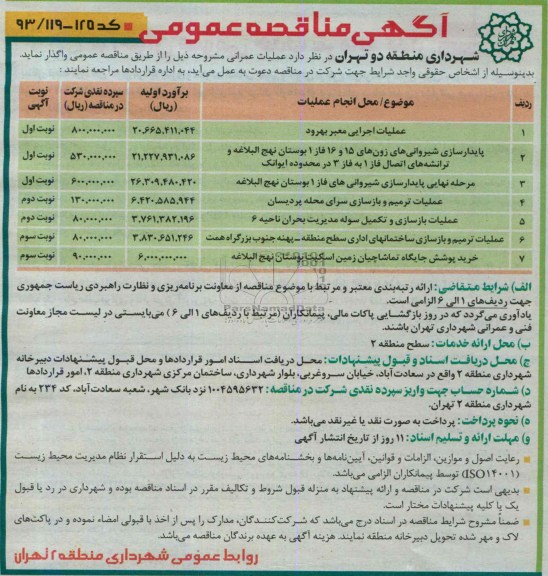آگهی مناقصه عمومی, مناقصه عملیات اجرایی معبر و ...