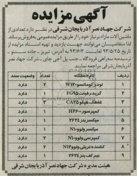 آگهی مزایده, مزایده فروش لودر کوماتسو