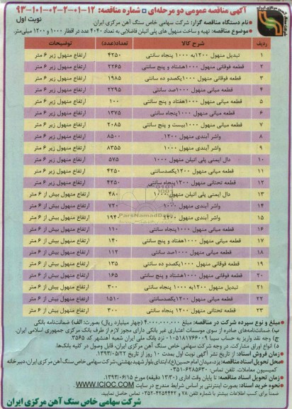 آگهی مناقصه عمومی دو مرحله ای, مناقصه  تهیه و ساخت منهول های پلی اتیلن فاضلابی 