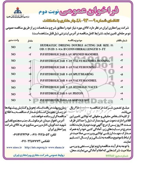 فراخوان عمومی, مناقصه جار حفاری با متعلقات