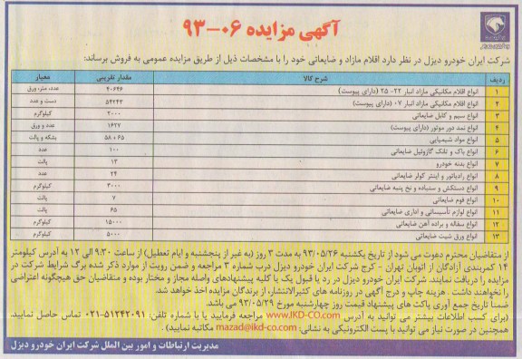 آگهی مزایده, مزایده فروش اقلام ضایعاتی