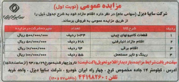 آگهی مزایده, مزایده فروش قطعات کامیونهای چینی