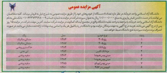 آگهی مزایده عمومی, مزایده تعداد 8 دستگاه از خودروهای