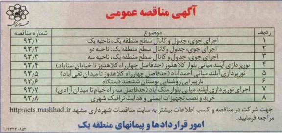 آگهی مناقصه عمومی , مناقصه اجرای جوی ، جدول و کانال 