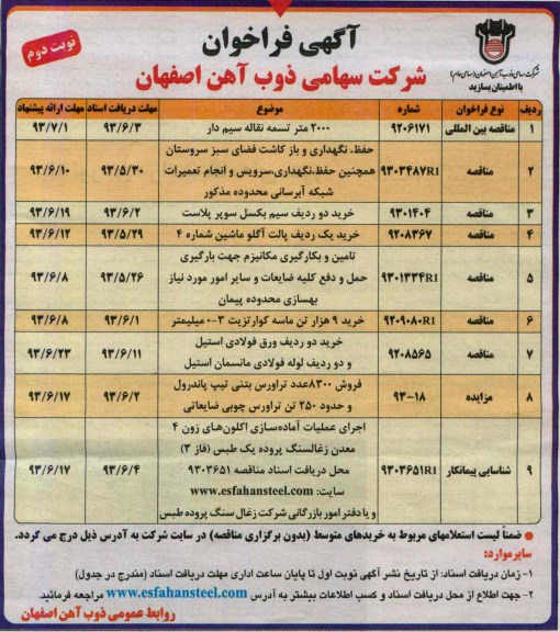 آگهی فراخوان, مناقصه تسمه نقاله سیم دار، حفظ نگهداری و بازکاشت فضای سبز و ...