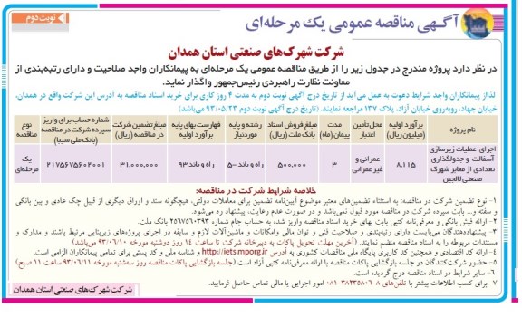 آگهی مناقصه عمومی دو مرحله ای, مناقصه اجرای عملیات زیرسازی، آسفالت و جدول گذاری تعدادی از معابر