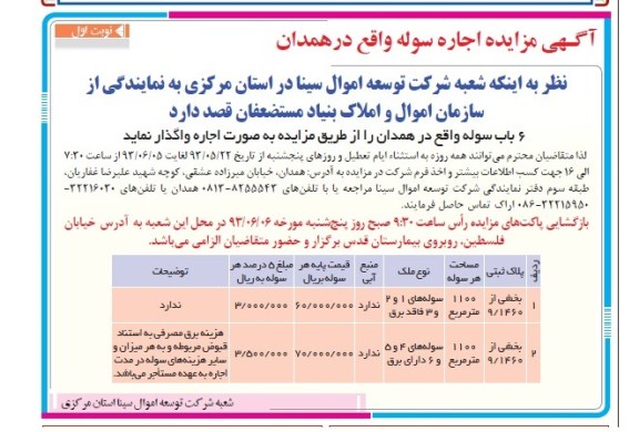 آگهی مزایده, مزایده اجاره سوله