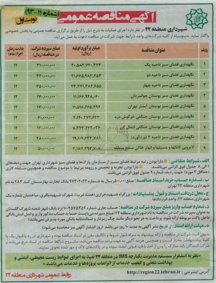 آگهی مناقصه عمومی , مناقصه نگهداری فضای سبز