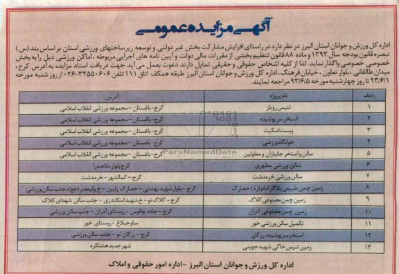 آگهی مزایده عمومی, مزایده اجاره اماکن ورزشی