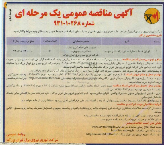 مناقصه عمومی یک مرحله ای ,مناقصه اجرای برونسپاری بخشی از عملیات مانور شبکه فشار متوسط 